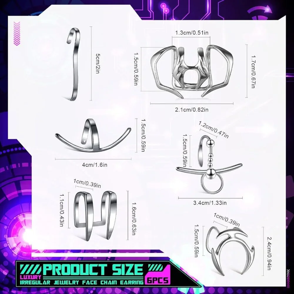 6 Pcs Silver Stainless Cyber Lip Cuff Set for Women Men Halloween Punk Style
